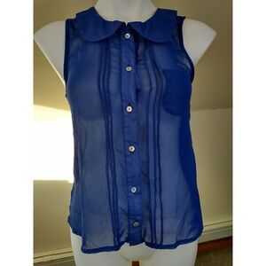 Free People Cobalt Blue Sheer Peter Pan Collar Button Up Blouse w/ Pocket XS